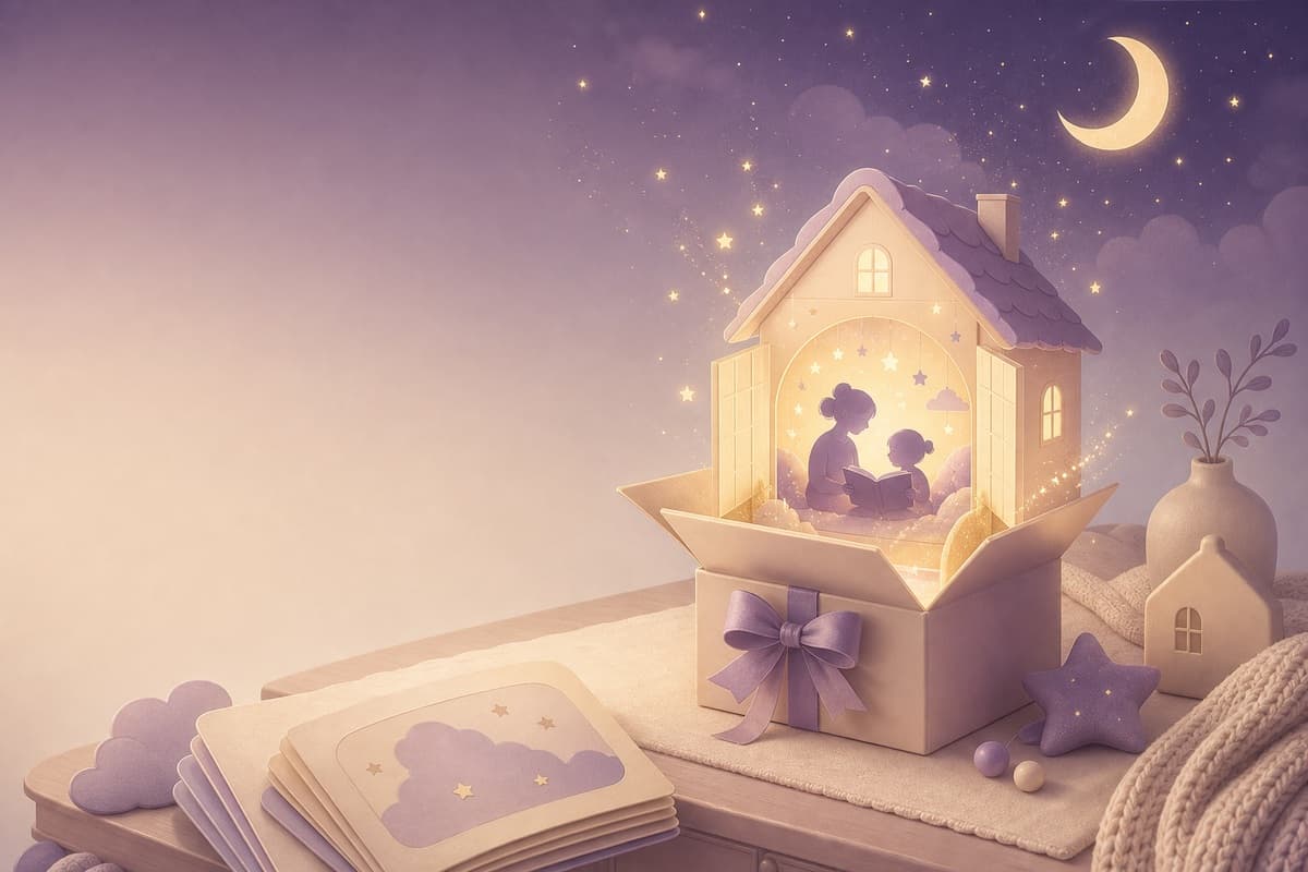 A cozy bedtime story gift glowing with tiny-house lamplight.