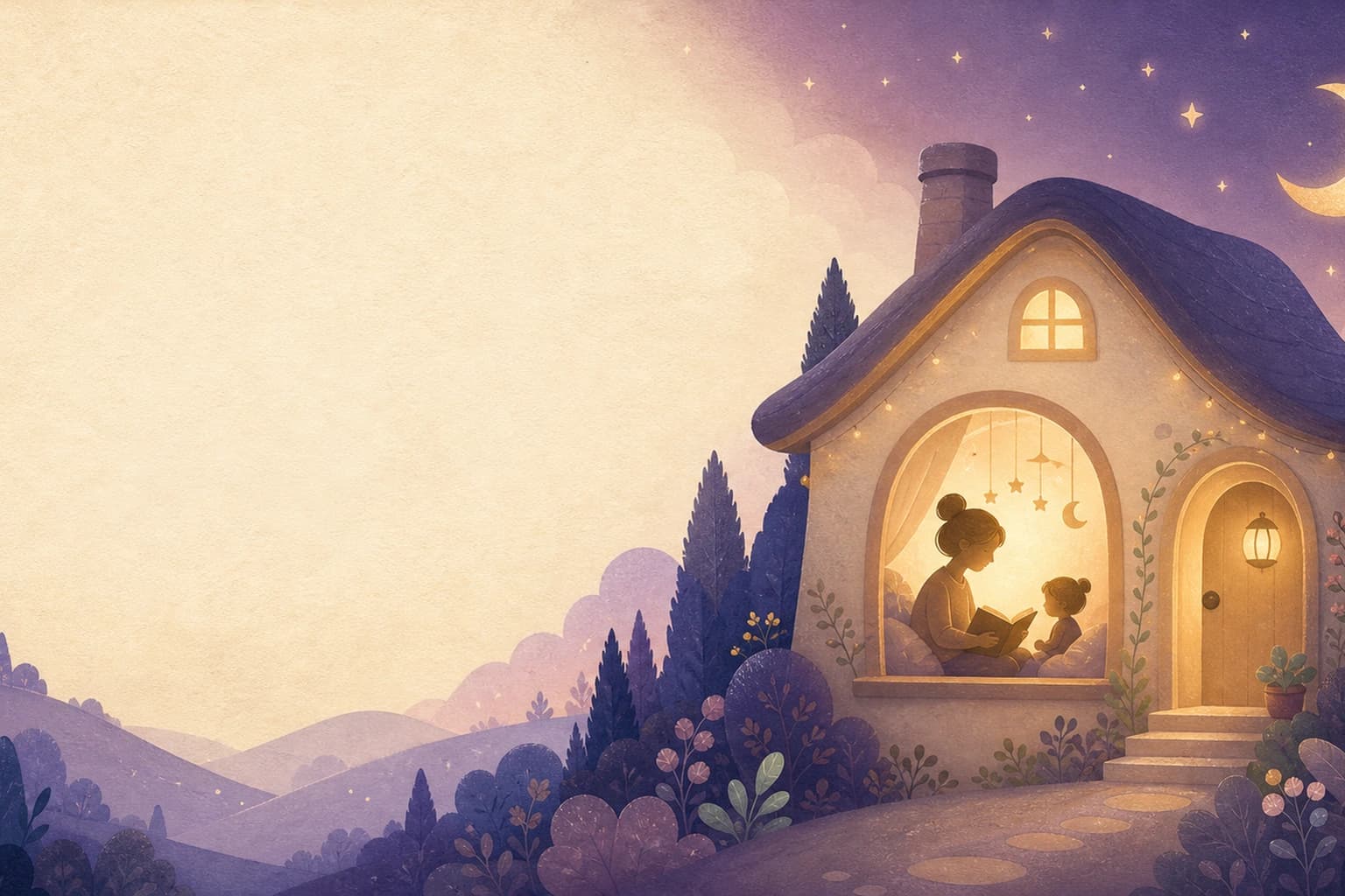A cozy bedtime scene with a parent and child reading beside a tiny glowing house.